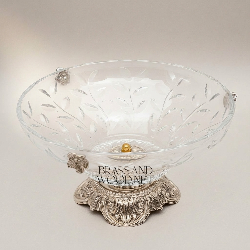 Classical Crystal Fruit Bowl with Ornate Brass Acanthus Base & Floral Accents — Silver