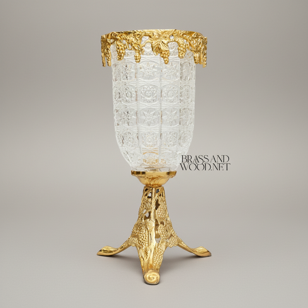 Classical Crystal Goblet Vase with Pierced Brass Grapevine Stand & Crown — Gold