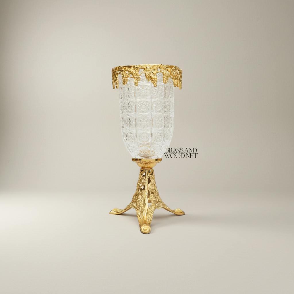 Classical Crystal Goblet Vase with Pierced Brass Grapevine Stand & Crown
