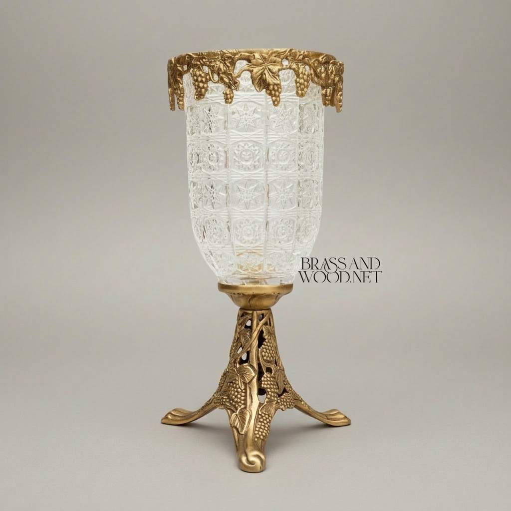 Classical Crystal Goblet Vase with Pierced Brass Grapevine Stand & Crown — Antique Gold