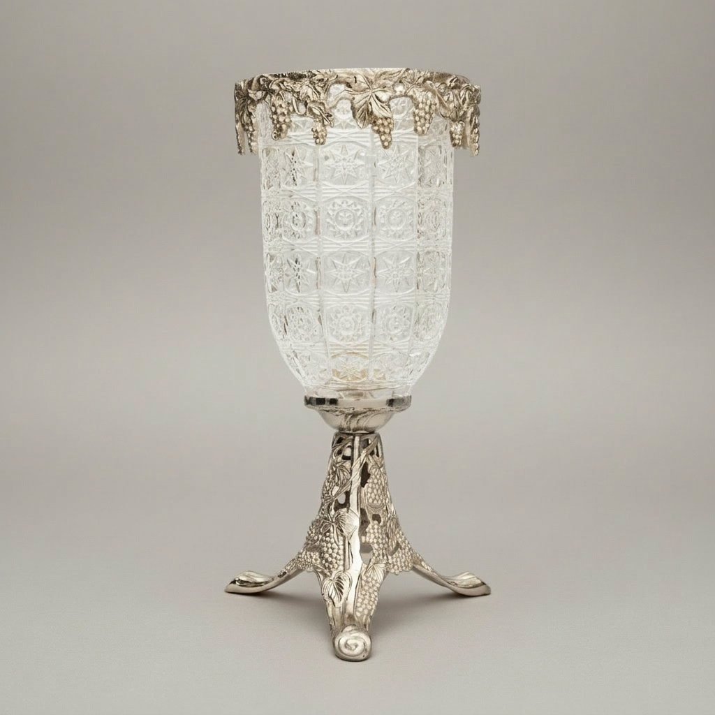 Classical Crystal Goblet Vase with Pierced Brass Grapevine Stand & Crown — Silver