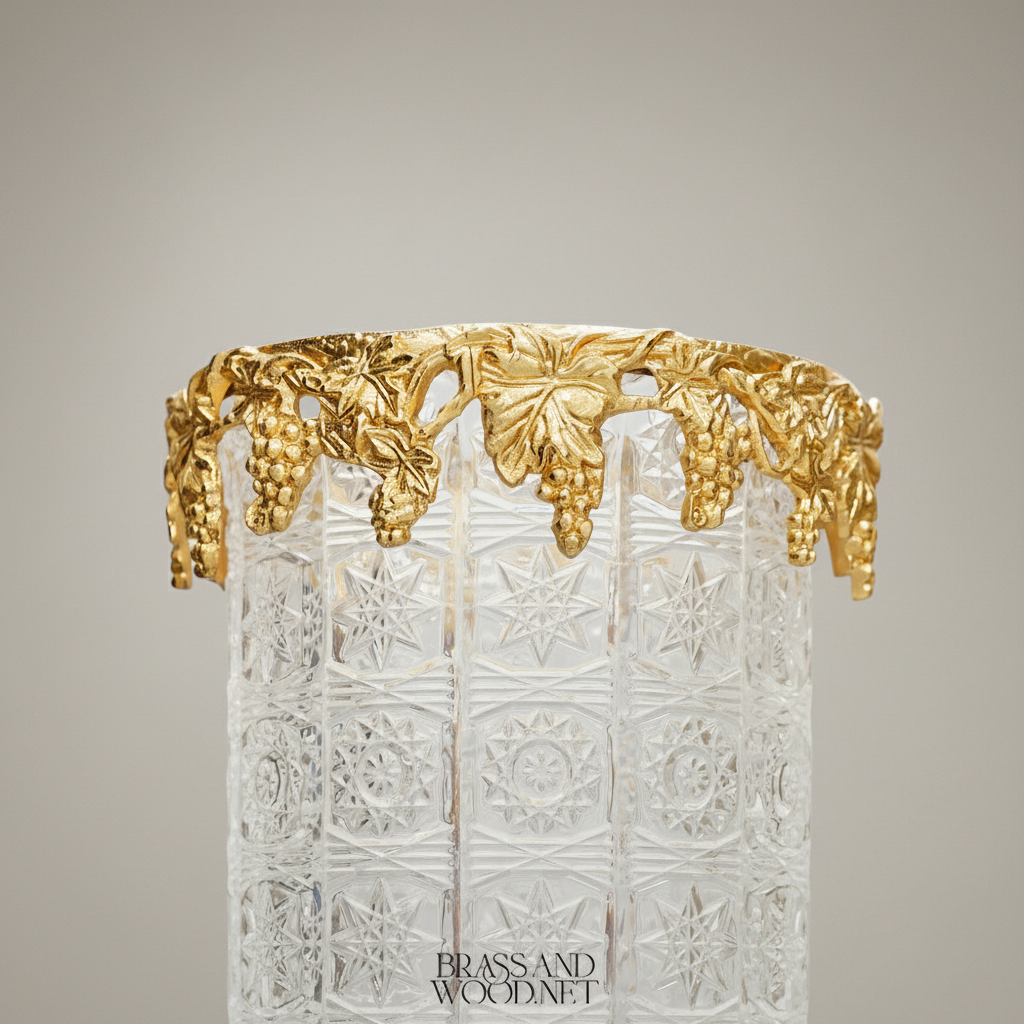 Classical Crystal Goblet Vase with Pierced Brass Grapevine Stand & Crown