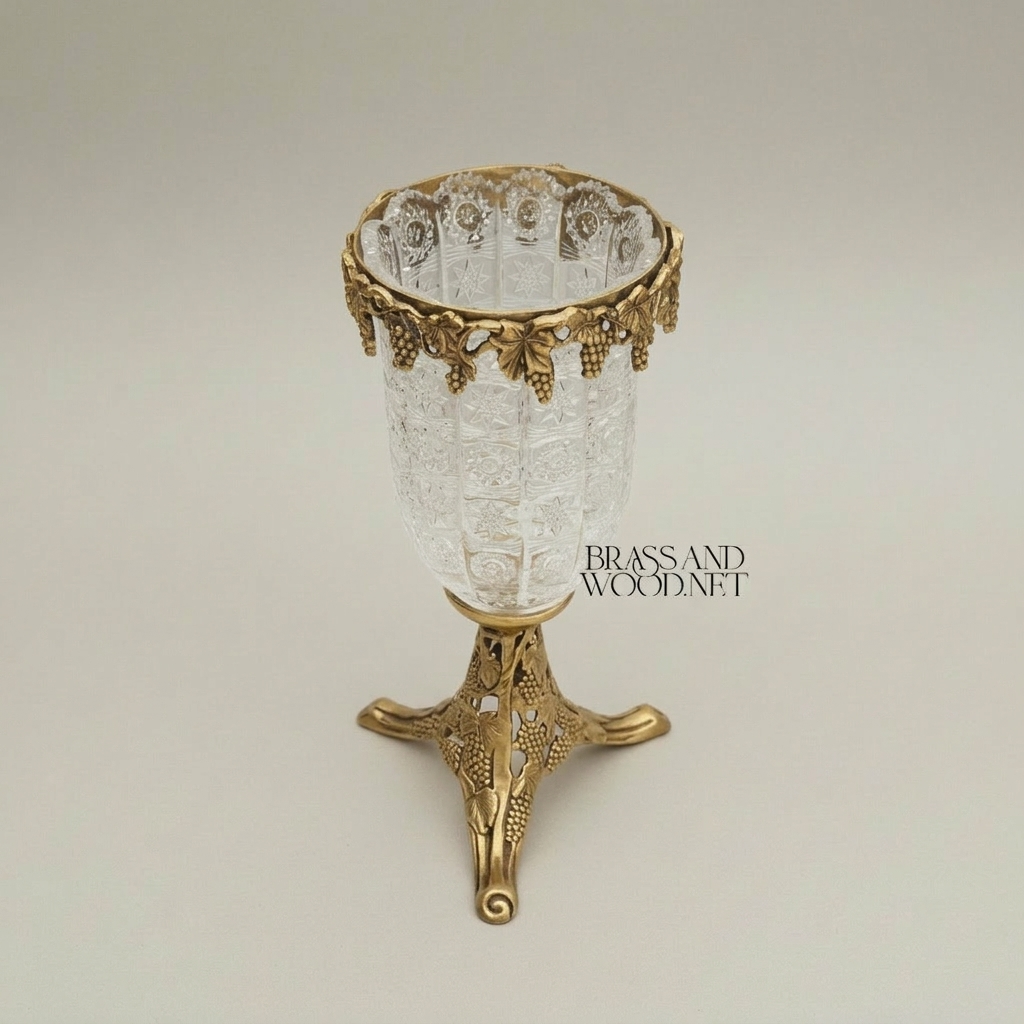 Classical Crystal Goblet Vase with Pierced Brass Grapevine Stand & Crown — Antique Gold