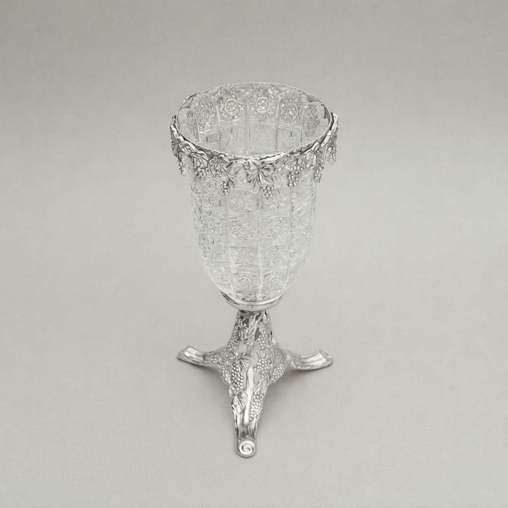 Classical Crystal Goblet Vase with Pierced Brass Grapevine Stand & Crown — Silver