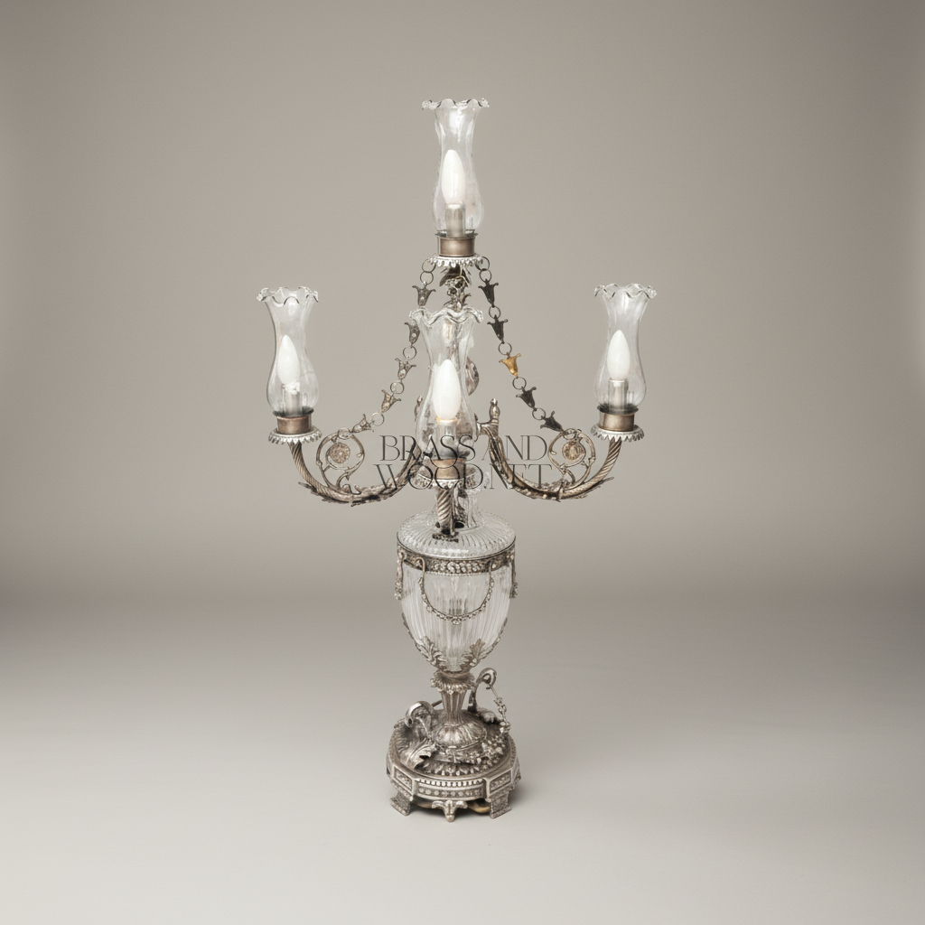 Classical Crystal Urn Candelabra Table Lamp - 5-Arm Ornate Brass & Crystal