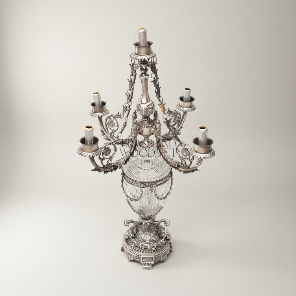 Classical Crystal Urn Candelabra Table Lamp - 5-Arm Ornate Brass & Crystal — Silver