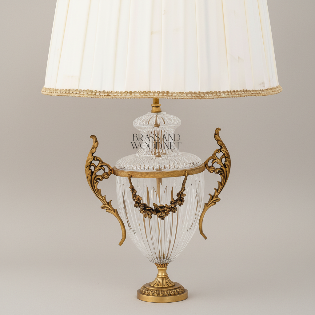 Classical Crystal Urn Table Lamp with Brass Acanthus Handles & Floral Swag