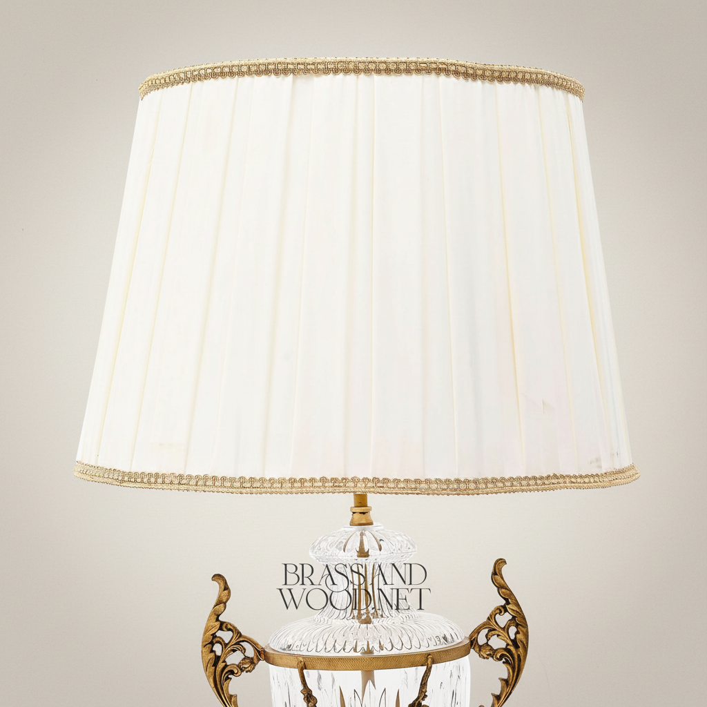 Classical Crystal Urn Table Lamp with Brass Acanthus Handles & Floral Swag — Antique Gold