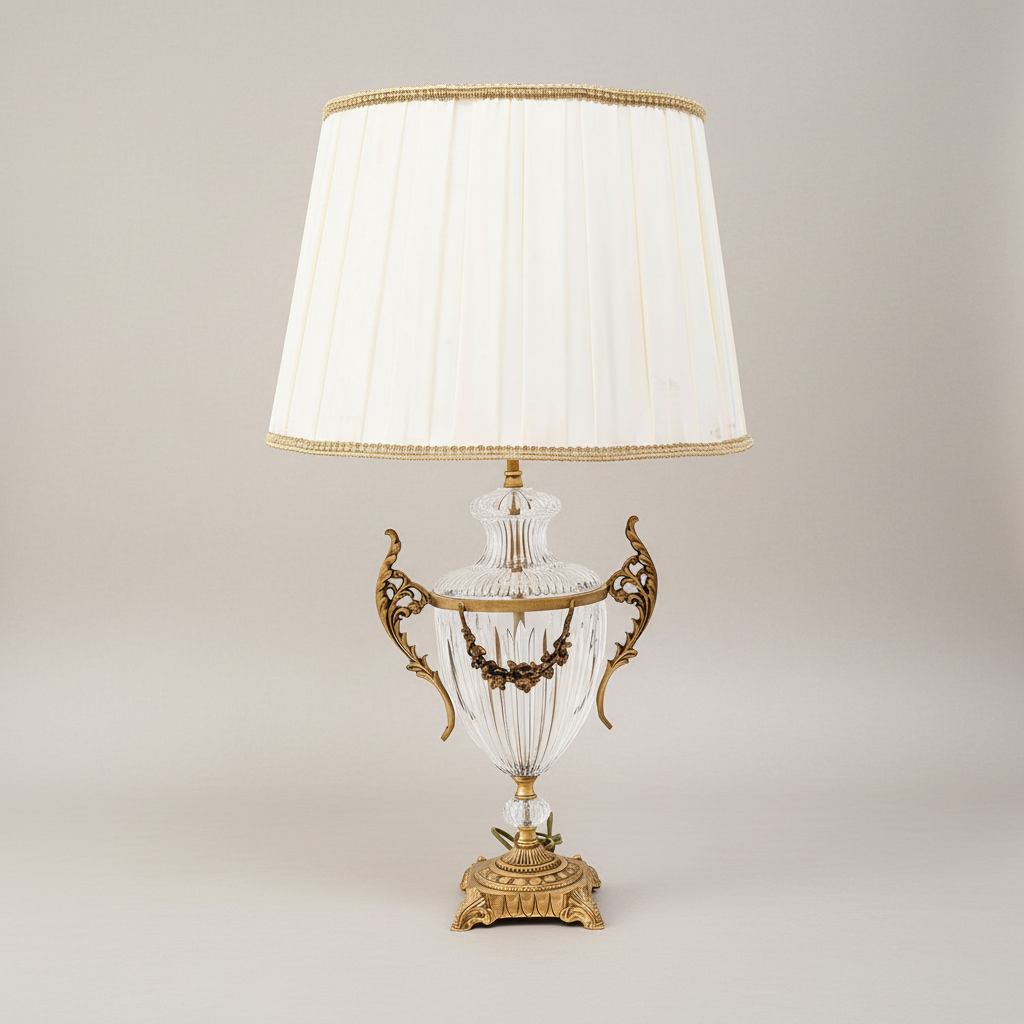 Classical Crystal Urn Table Lamp with Brass Acanthus Handles & Floral Swag