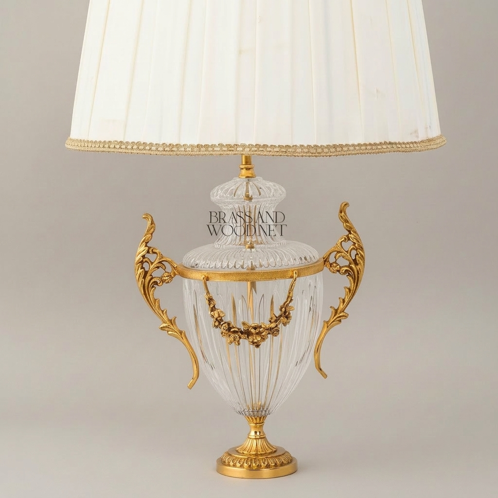 Classical Crystal Urn Table Lamp with Brass Acanthus Handles & Floral Swag — Gold