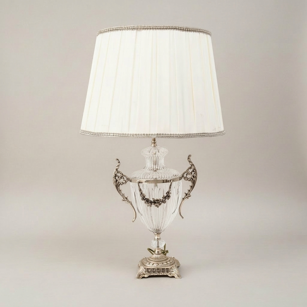 Classical Crystal Urn Table Lamp with Brass Acanthus Handles & Floral Swag — Silver