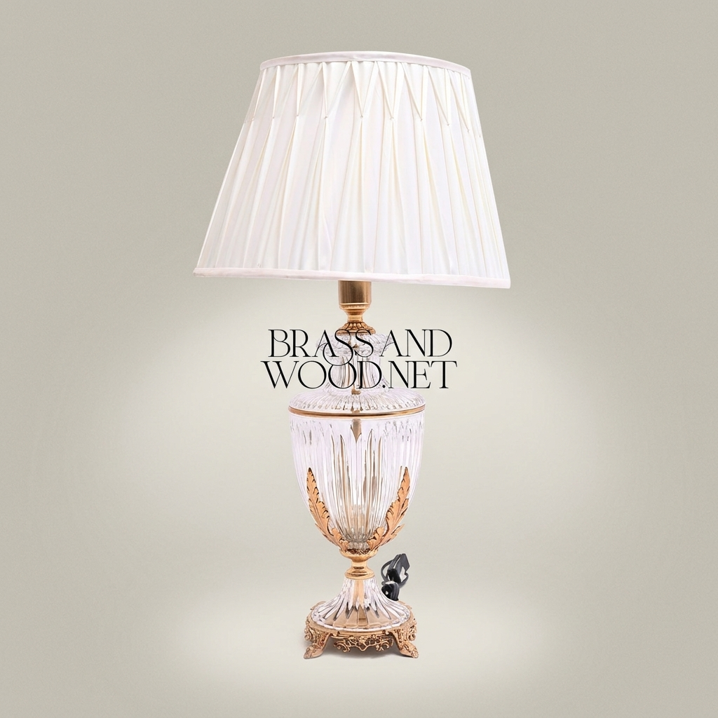 Classical Crystal Urn Table Lamp with Brass Acanthus Base & Pleated Shade