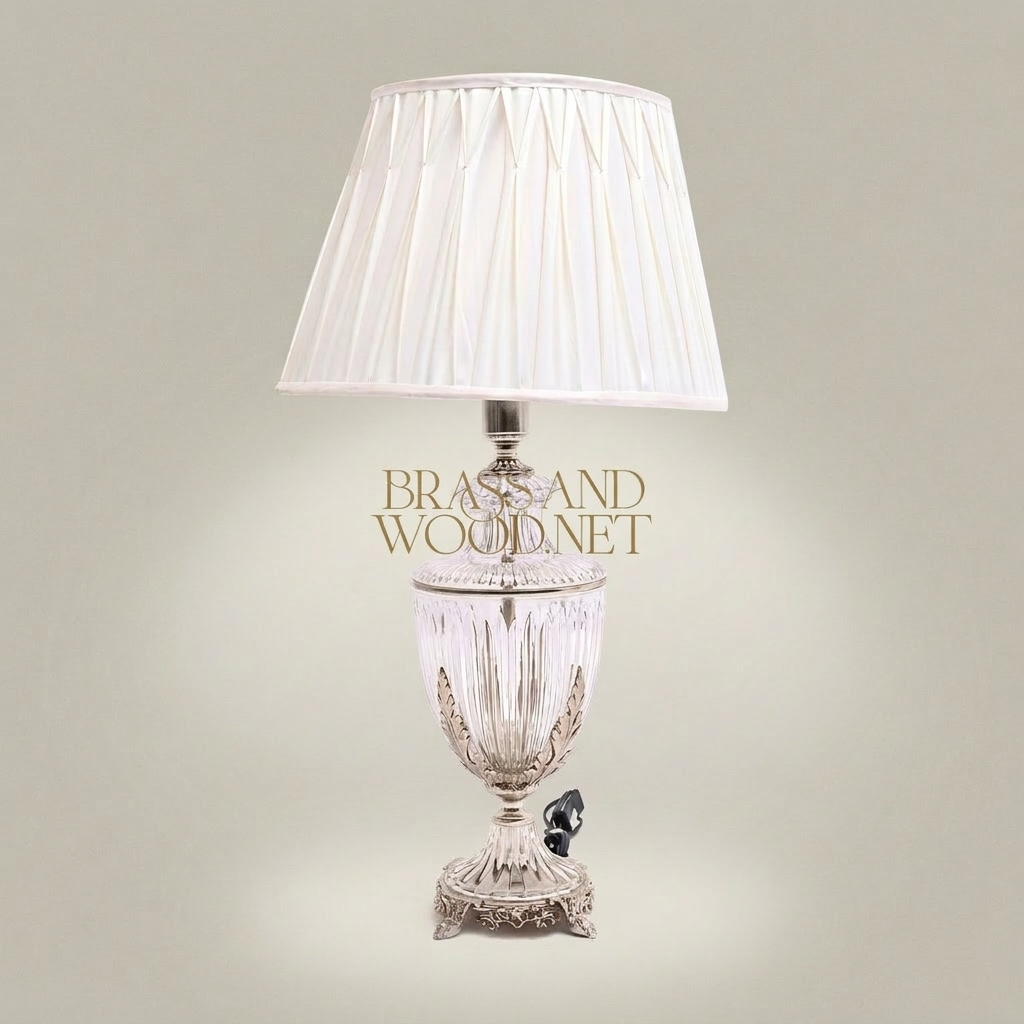 Classical Crystal Urn Table Lamp with Brass Acanthus Base & Pleated Shade — Silver