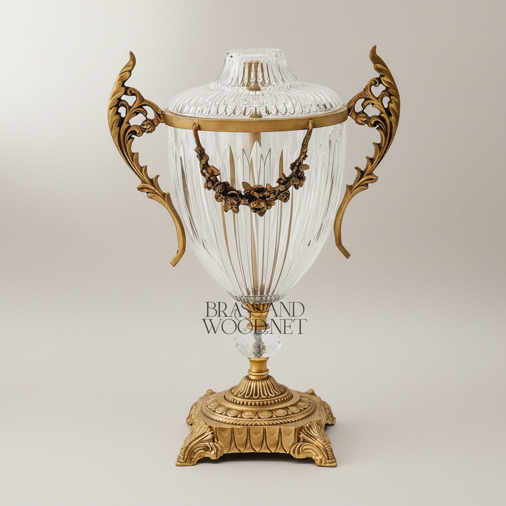 Classical Crystal Urn Table Lamp with Brass Acanthus Handles & Floral Swag — Antique Gold