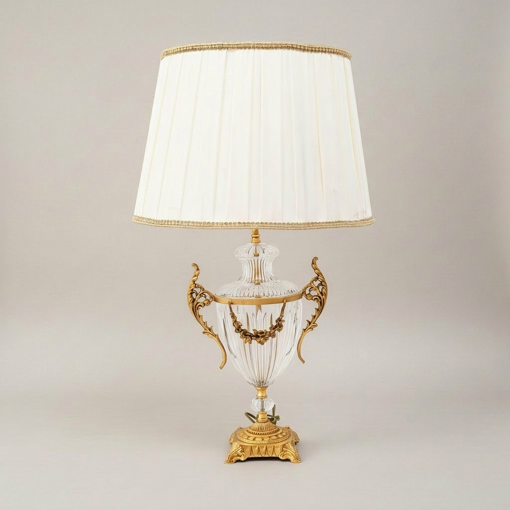 Classical Crystal Urn Table Lamp with Brass Acanthus Handles & Floral Swag — Gold