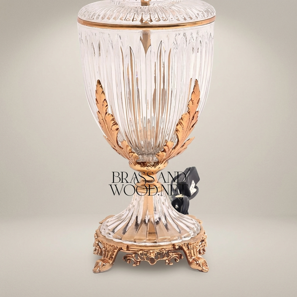 Classical Crystal Urn Table Lamp with Brass Acanthus Base & Pleated Shade