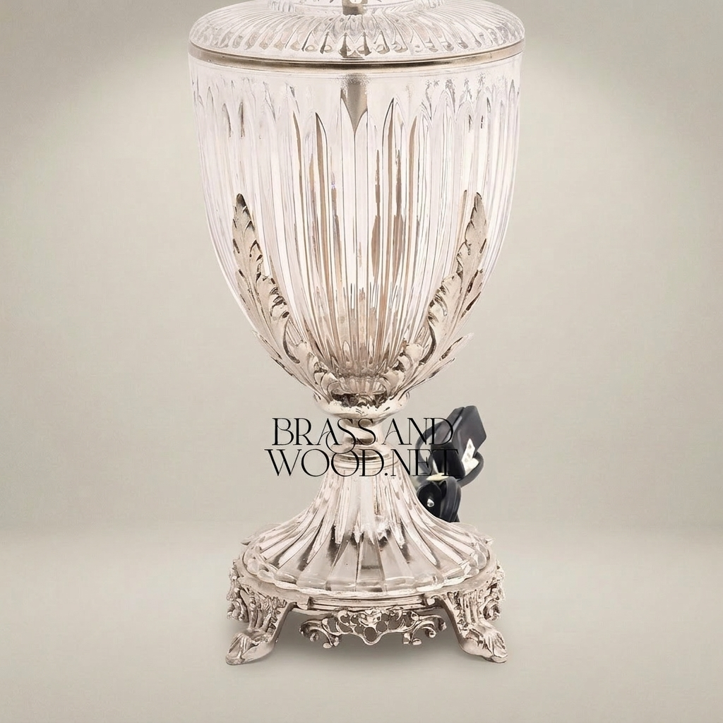 Classical Crystal Urn Table Lamp with Brass Acanthus Base & Pleated Shade — Silver