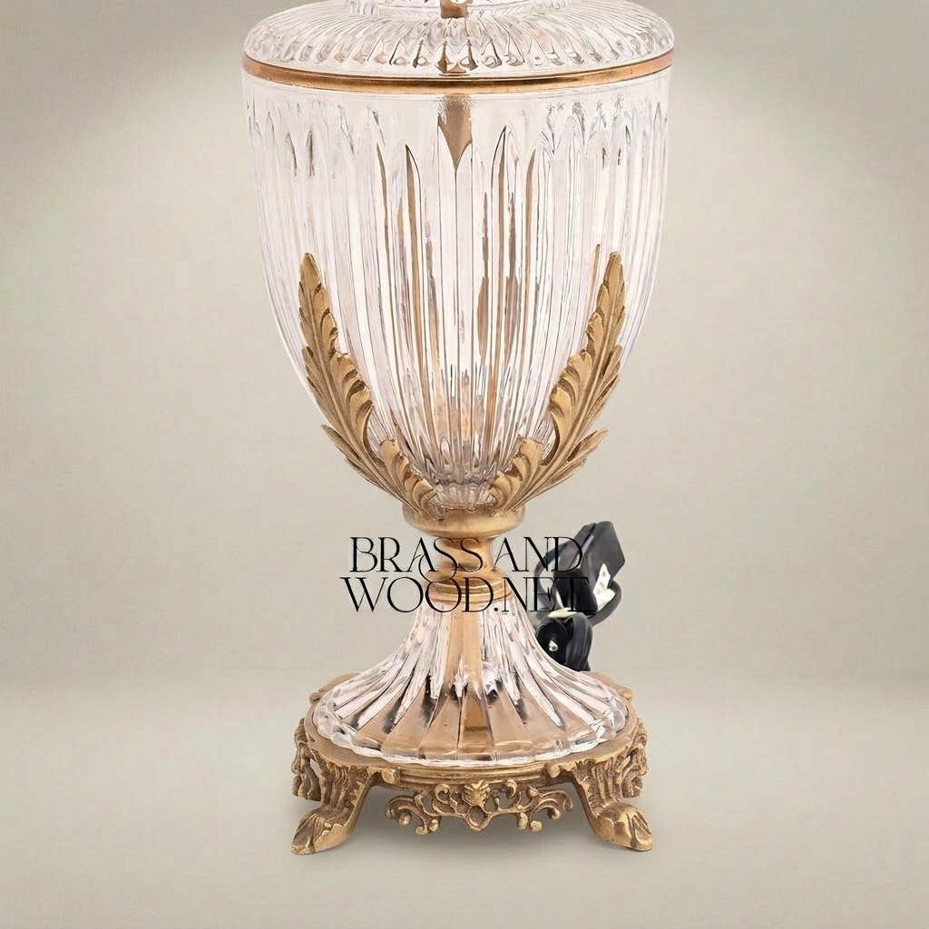 Classical Crystal Urn Table Lamp with Brass Acanthus Base & Pleated Shade — Antique Gold