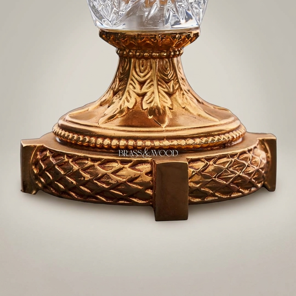 Classical Crystal Urn Table Lamp with Brass Foliage Collar & Cream Fabric Shade — Antique Gold