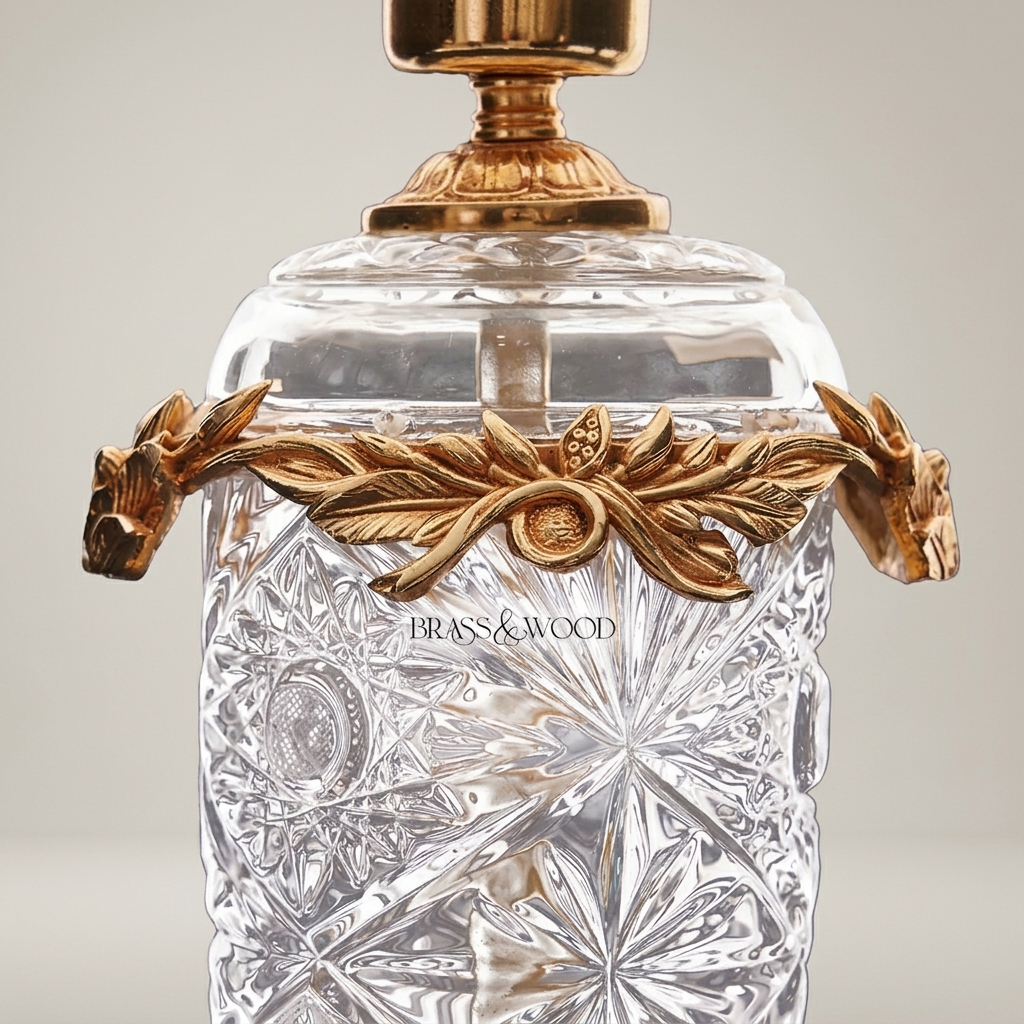 Classical Crystal Urn Table Lamp with Brass Foliage Collar & Cream Fabric Shade — Antique Gold