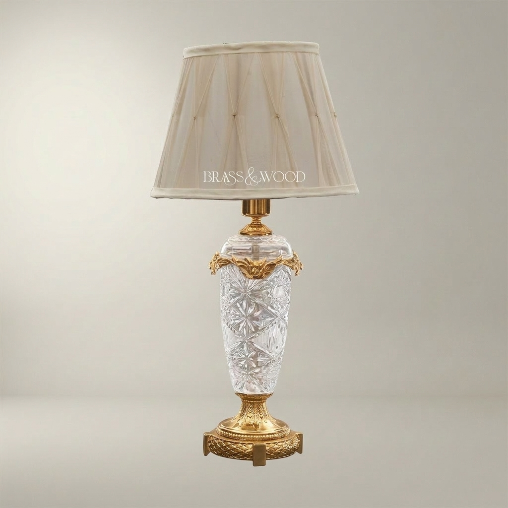 Classical Crystal Urn Table Lamp with Brass Foliage Collar & Cream Fabric Shade — Gold