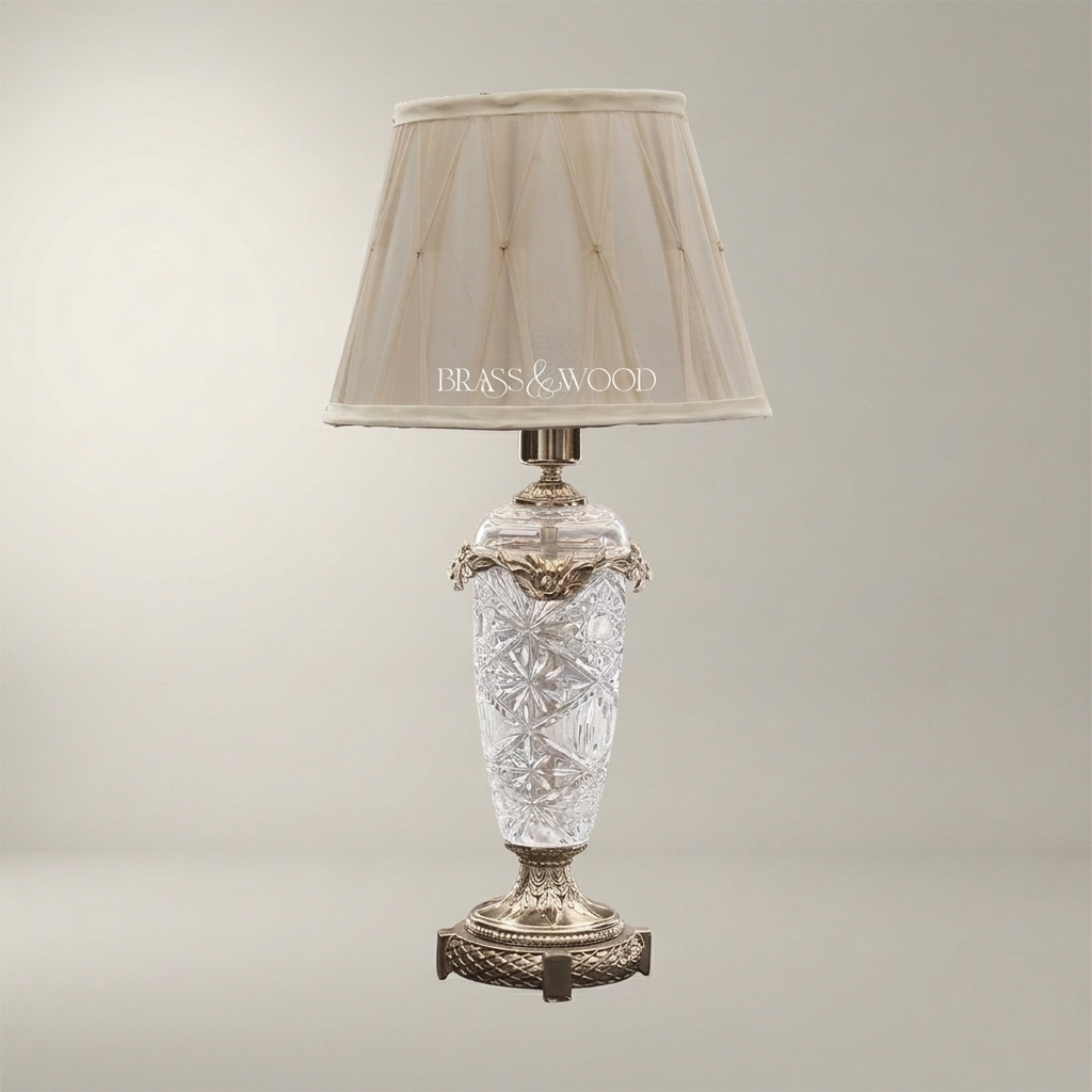 Classical Crystal Urn Table Lamp with Brass Foliage Collar & Cream Fabric Shade — Silver
