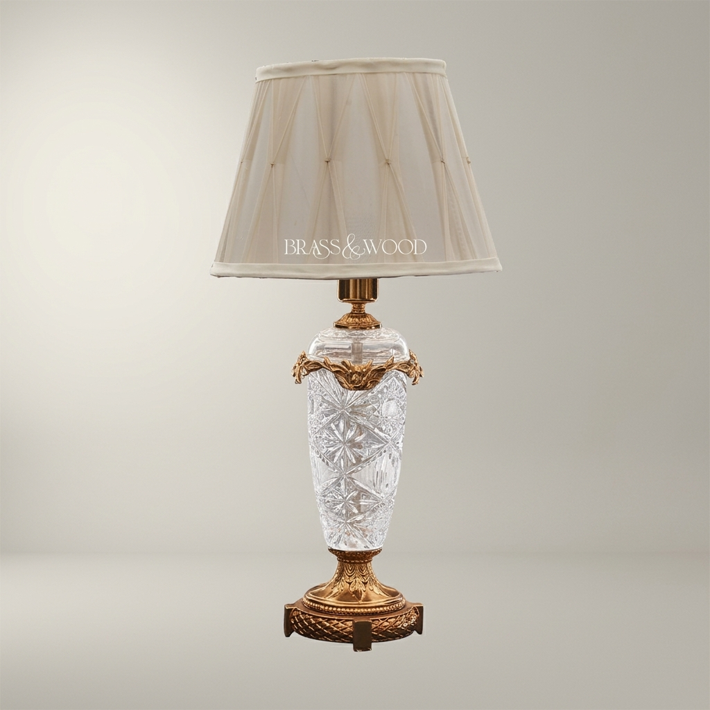Classical Crystal Urn Table Lamp with Brass Foliage Collar & Cream Fabric Shade — Antique Gold
