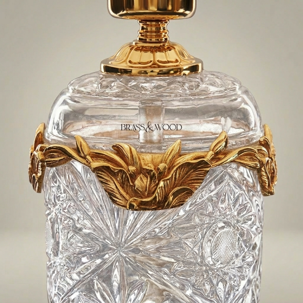 Classical Crystal Urn Table Lamp with Brass Foliage Collar & Cream Fabric Shade — Gold