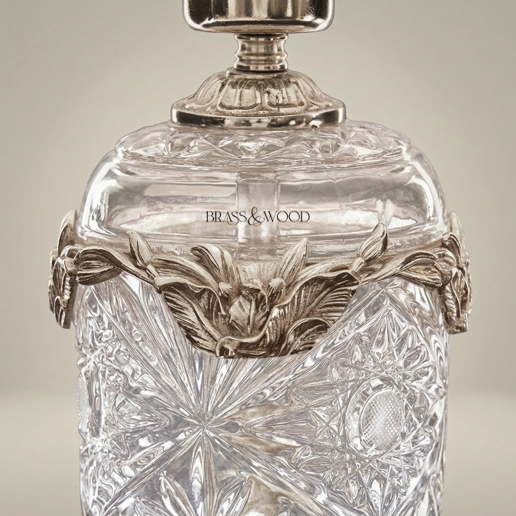 Classical Crystal Urn Table Lamp with Brass Foliage Collar & Cream Fabric Shade — Silver