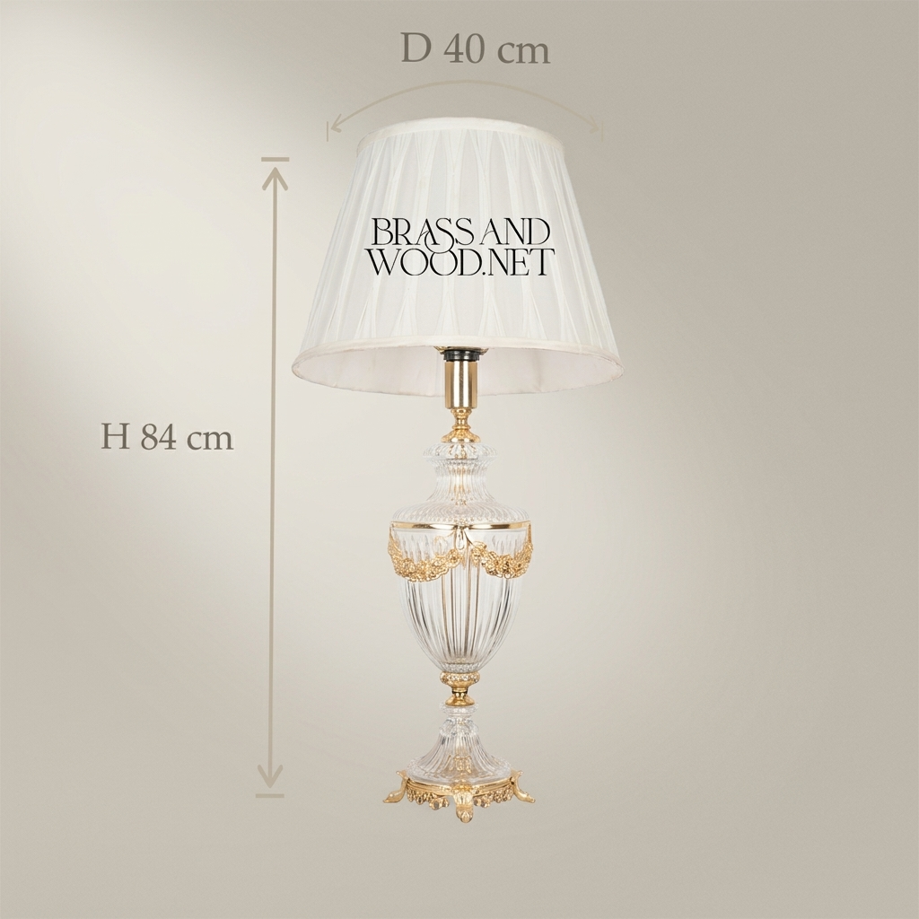 Classical Crystal Urn Table Lamp with Brass Garland & Pleated Shade — Gold