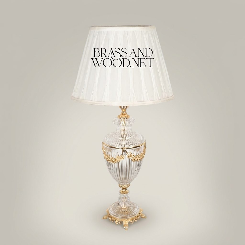 Classical Crystal Urn Table Lamp with Brass Garland & Pleated Shade