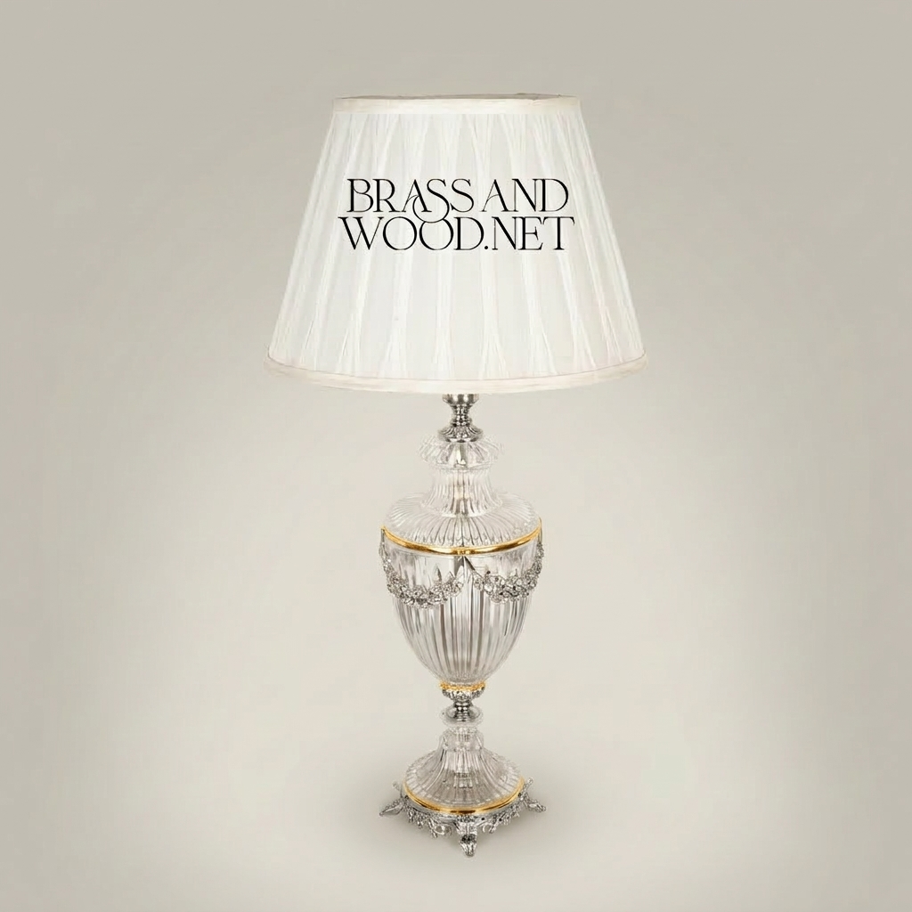 Classical Crystal Urn Table Lamp with Brass Garland & Pleated Shade — Silver