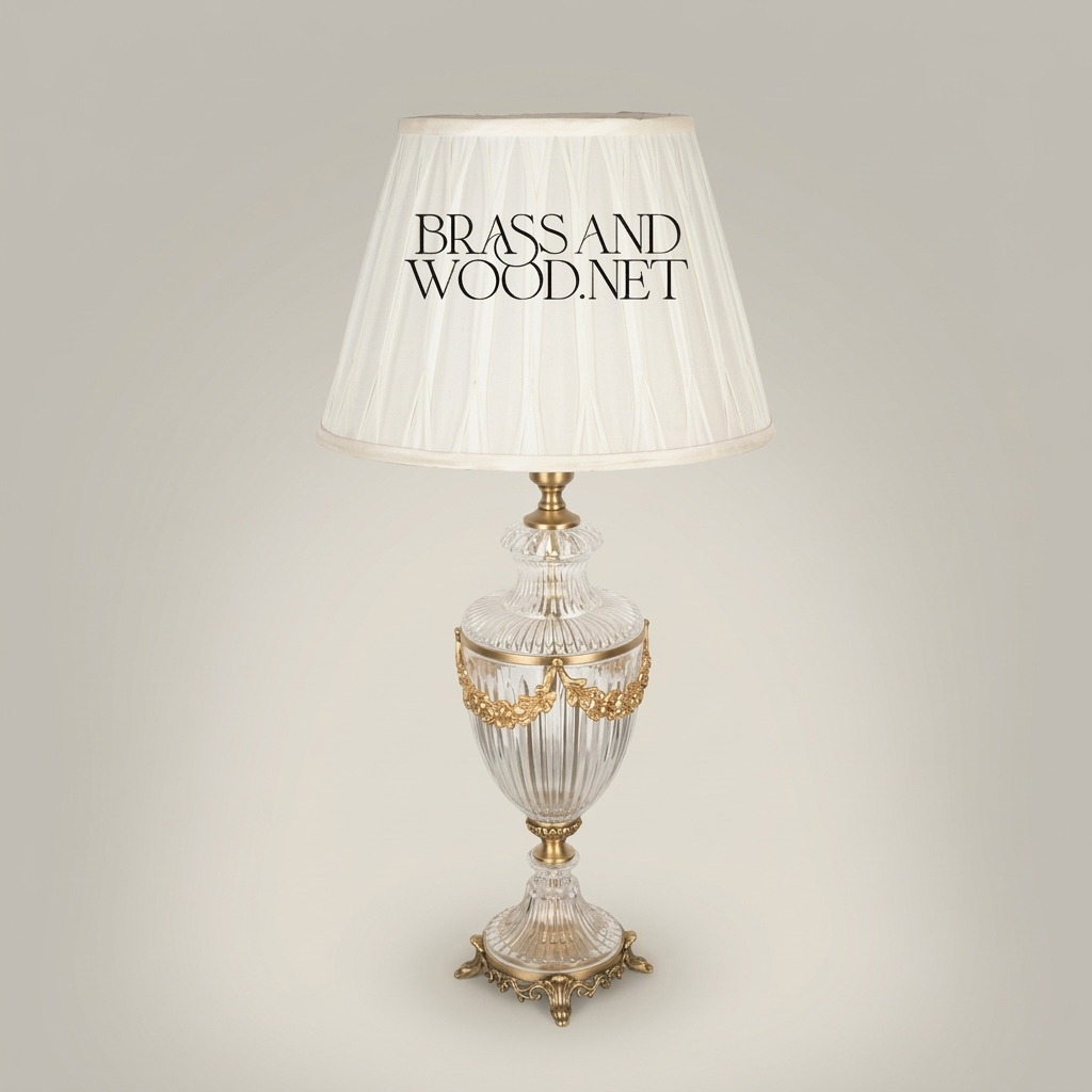 Classical Crystal Urn Table Lamp with Brass Garland & Pleated Shade — Antique Gold