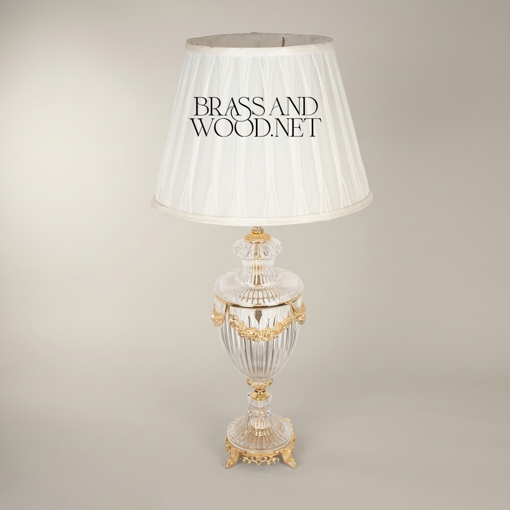 Classical Crystal Urn Table Lamp with Brass Garland & Pleated Shade — Gold