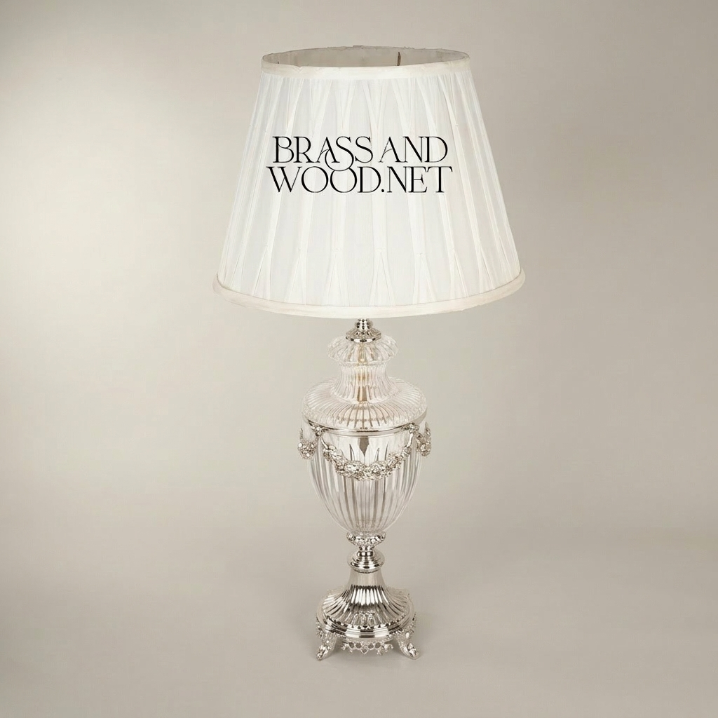 Classical Crystal Urn Table Lamp with Brass Garland & Pleated Shade — Silver