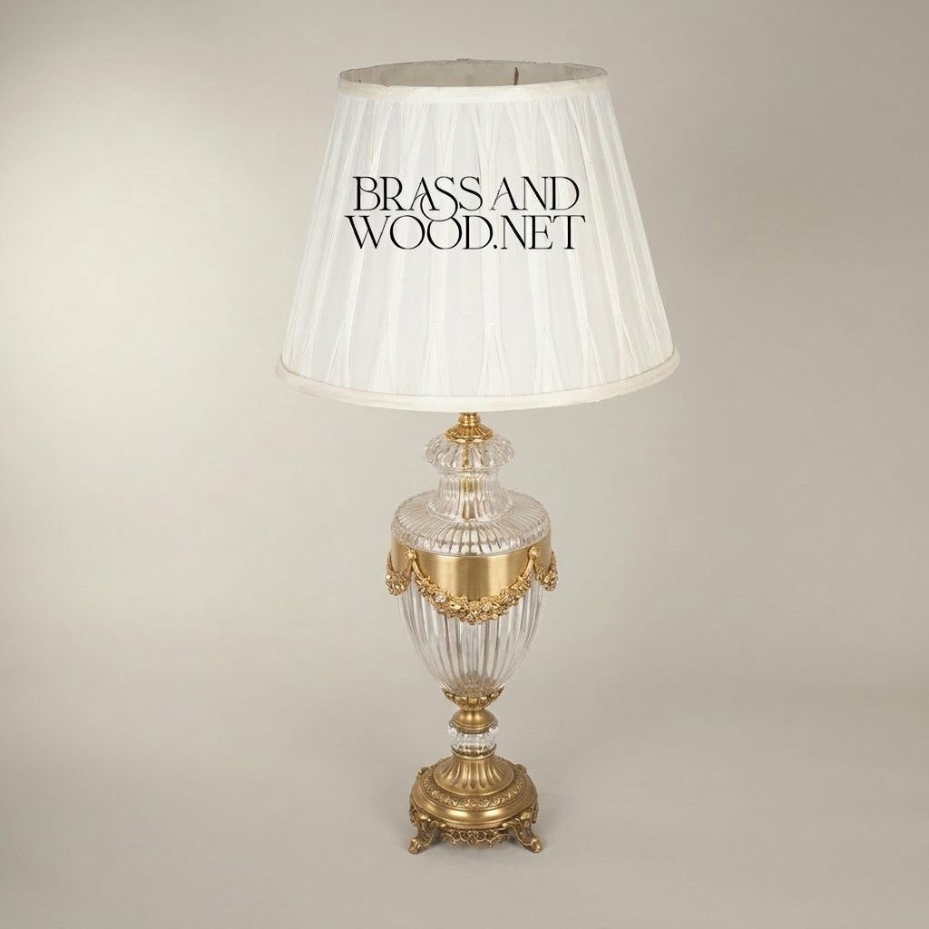 Classical Crystal Urn Table Lamp with Brass Garland & Pleated Shade — Antique Gold