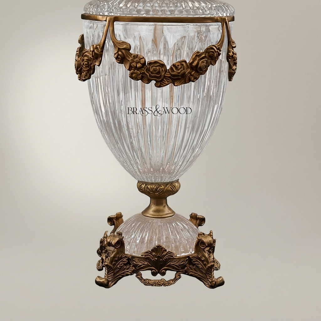 Classical Crystal Urn Table Lamp with Floral Brass Garland Base — Antique Gold