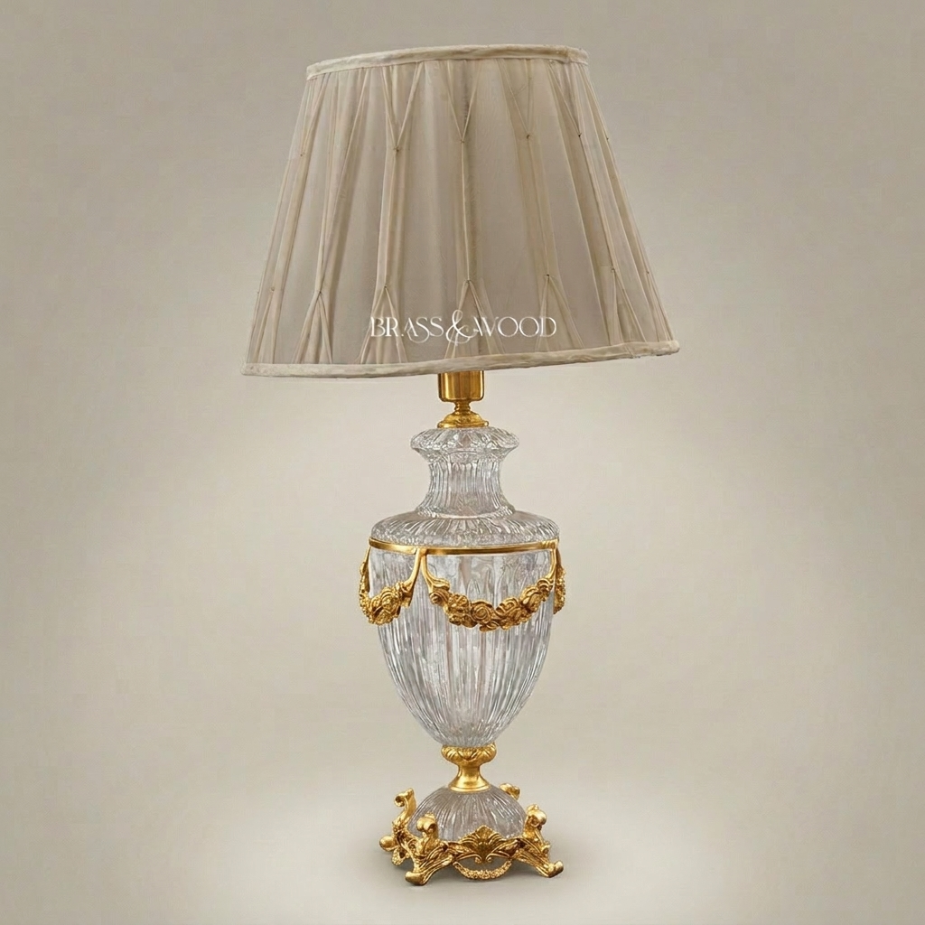 Classical Crystal Urn Table Lamp with Floral Brass Garland Base