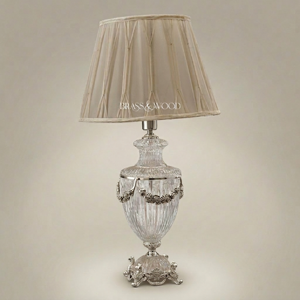 Classical Crystal Urn Table Lamp with Floral Brass Garland Base — Silver