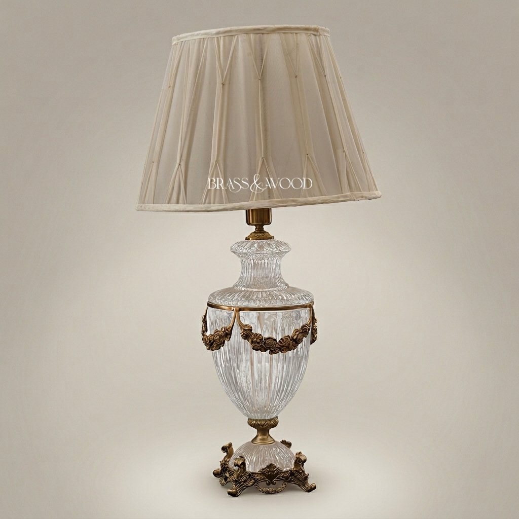 Classical Crystal Urn Table Lamp with Floral Brass Garland Base — Antique Gold