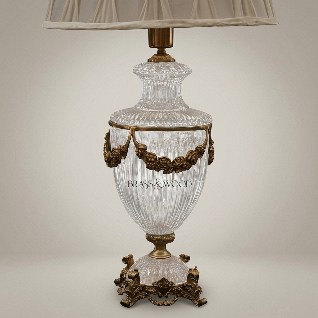 Classical Crystal Urn Table Lamp with Floral Brass Garland Base — Antique Gold