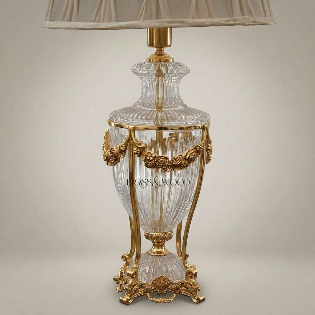 Classical Crystal Urn Table Lamp with Floral Brass Garland Base — Gold