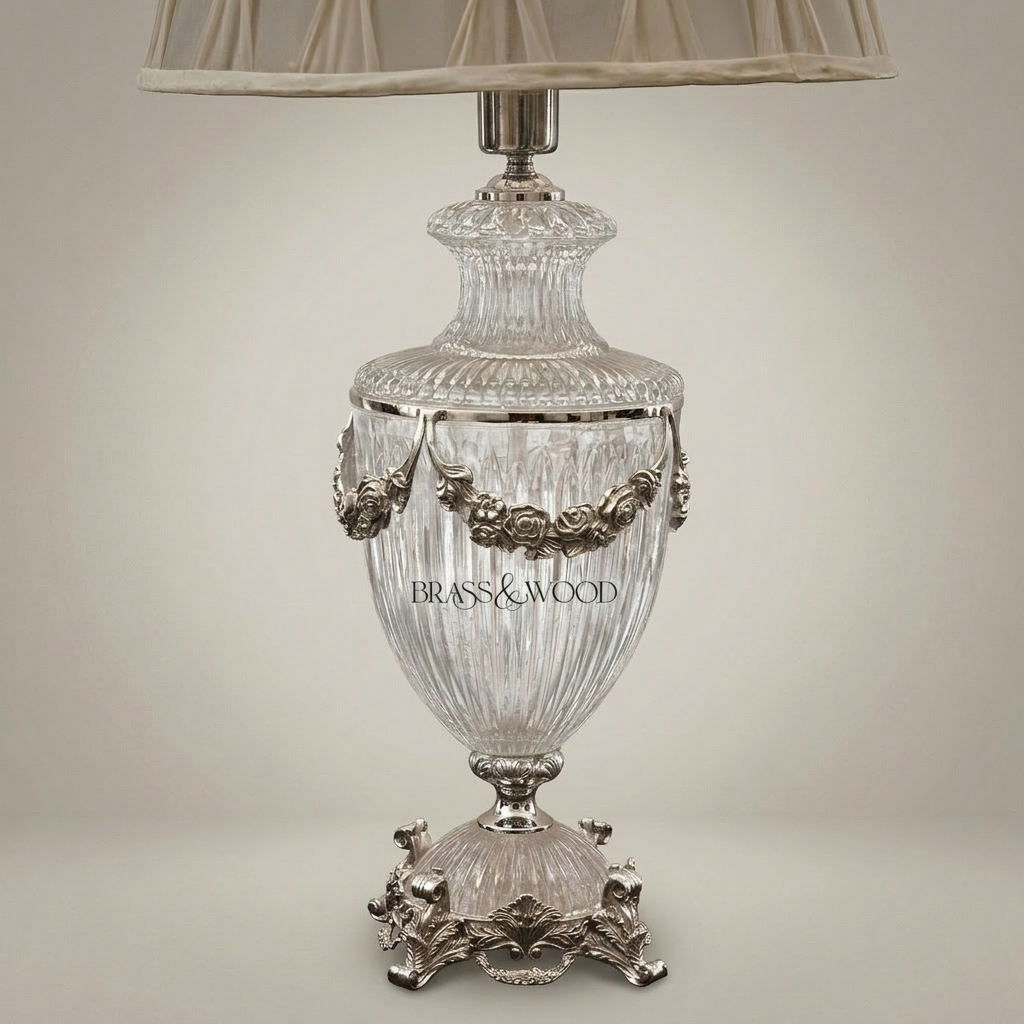 Classical Crystal Urn Table Lamp with Floral Brass Garland Base — Silver