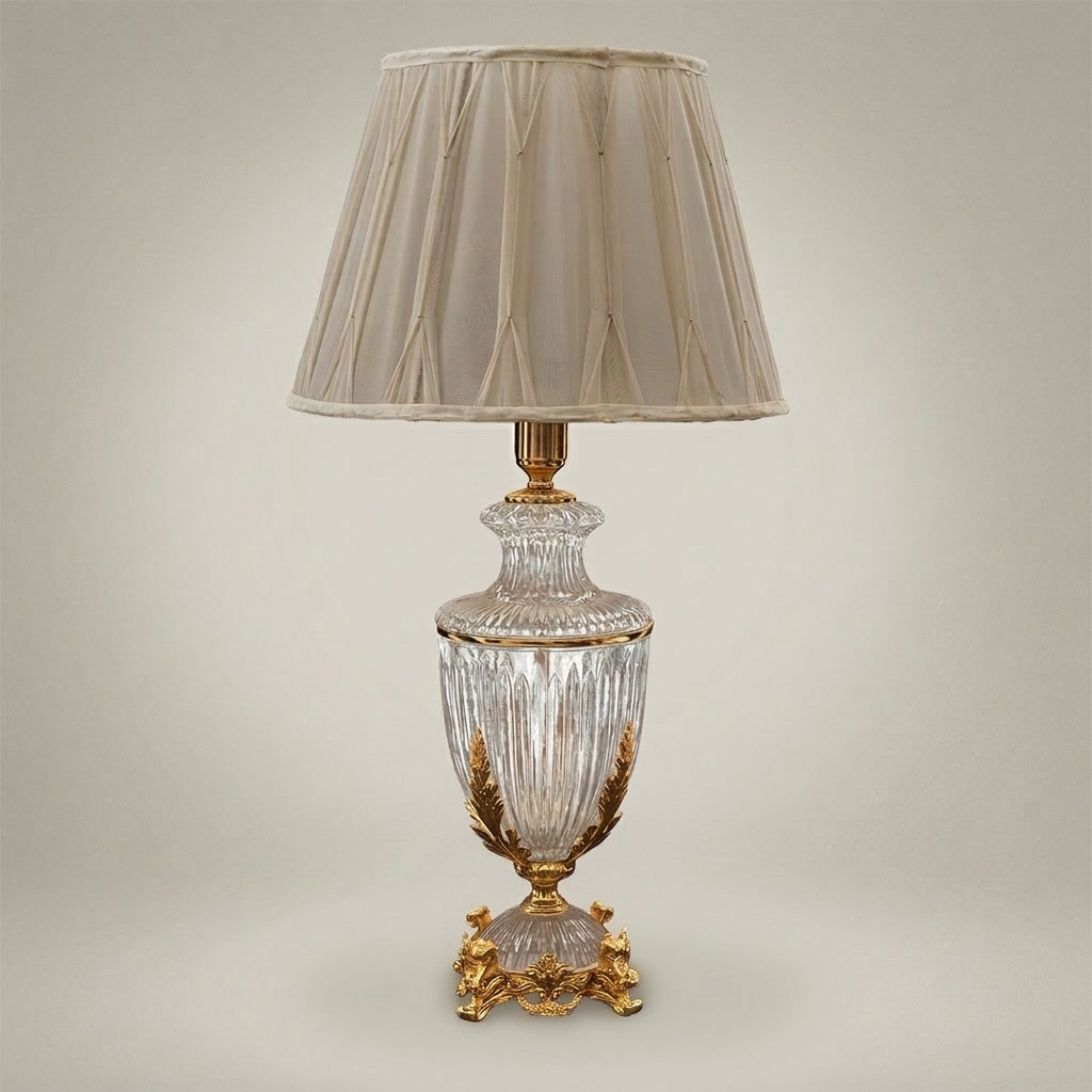 Classical Crystal Urn Table Lamp with Ornate Brass Acanthus Base