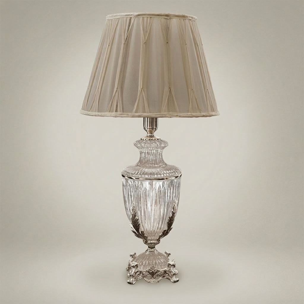 Classical Crystal Urn Table Lamp with Ornate Brass Acanthus Base — Silver
