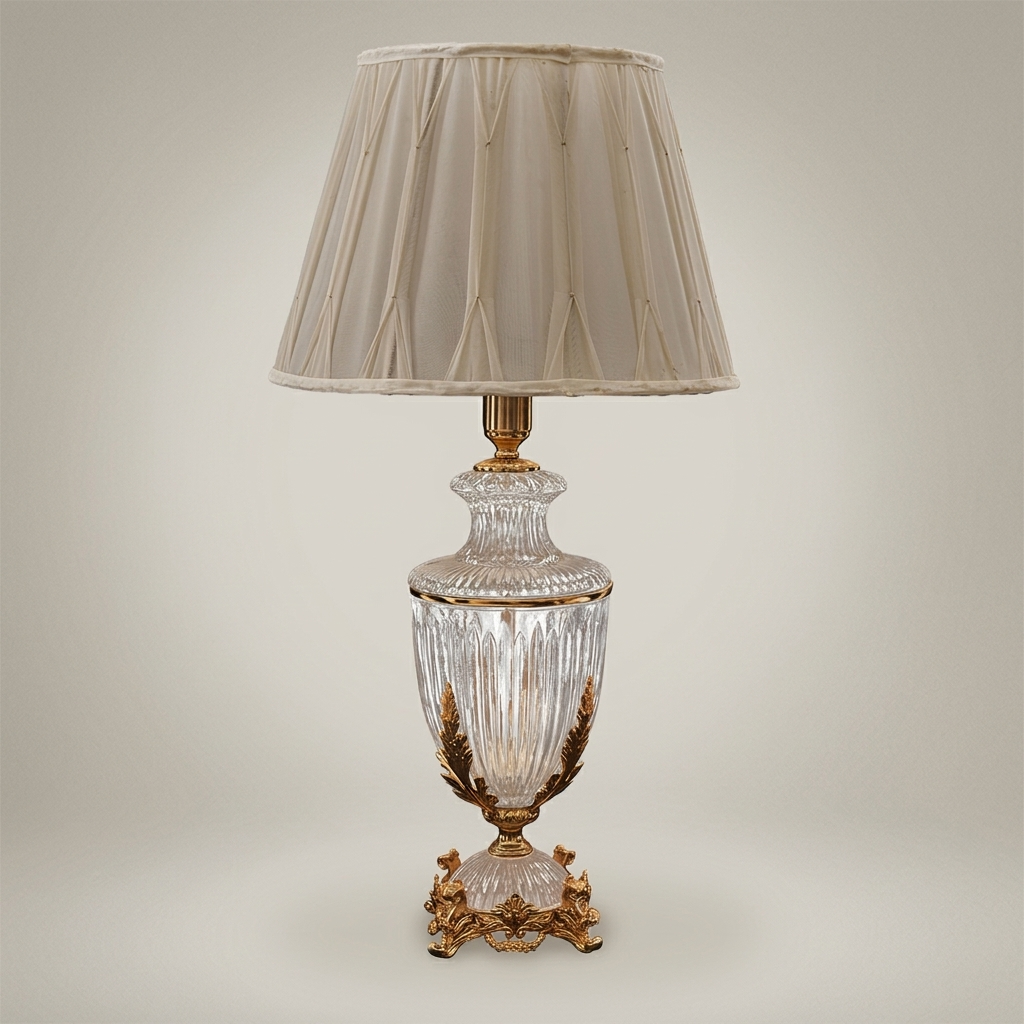 Classical Crystal Urn Table Lamp with Ornate Brass Acanthus Base — Antique Gold