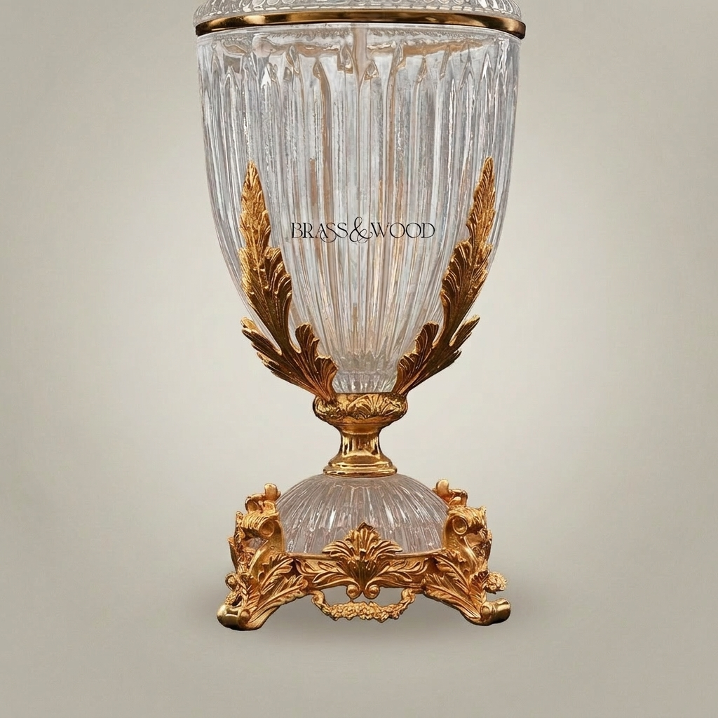 Classical Crystal Urn Table Lamp with Ornate Brass Acanthus Base