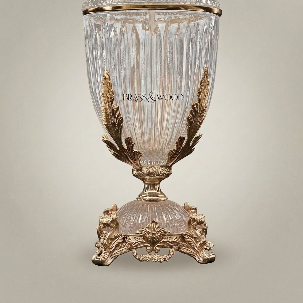 Classical Crystal Urn Table Lamp with Ornate Brass Acanthus Base — Silver