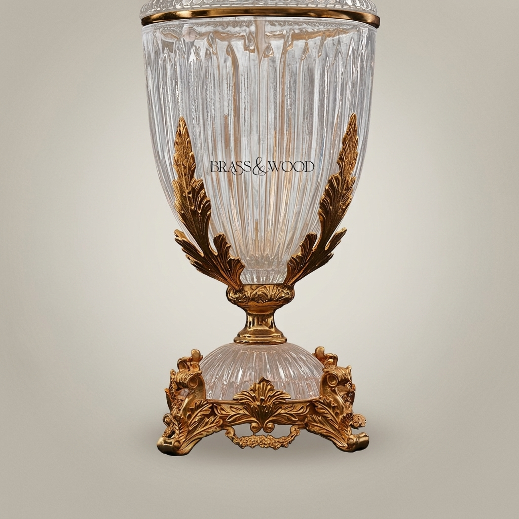 Classical Crystal Urn Table Lamp with Ornate Brass Acanthus Base — Antique Gold