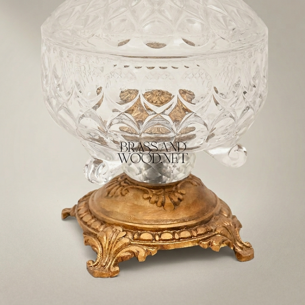Classical Cut Crystal Bonbonniere with Ornate Brass Footed Base — Antique Gold